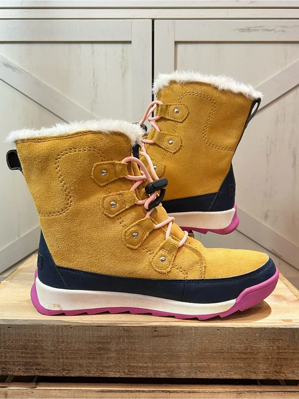 SOREL Youth Whitney II Joan Lace Waterproof Suede Winter Snow Boots Tan Pink 5